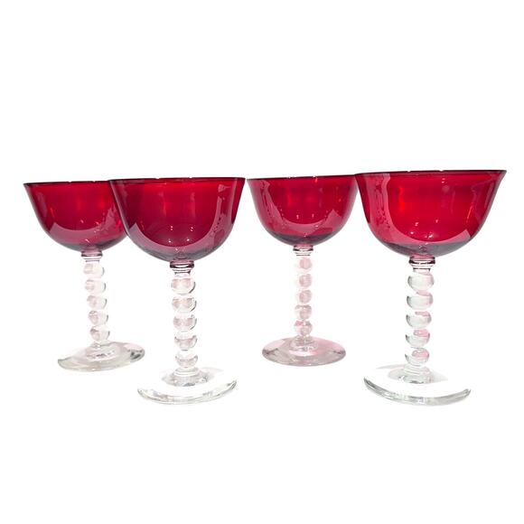 Stunning Art Deco Ruby Red Bubble Stem Champagne Tall Sherbet Glasses-Set of 4 - Picture 8 of 9